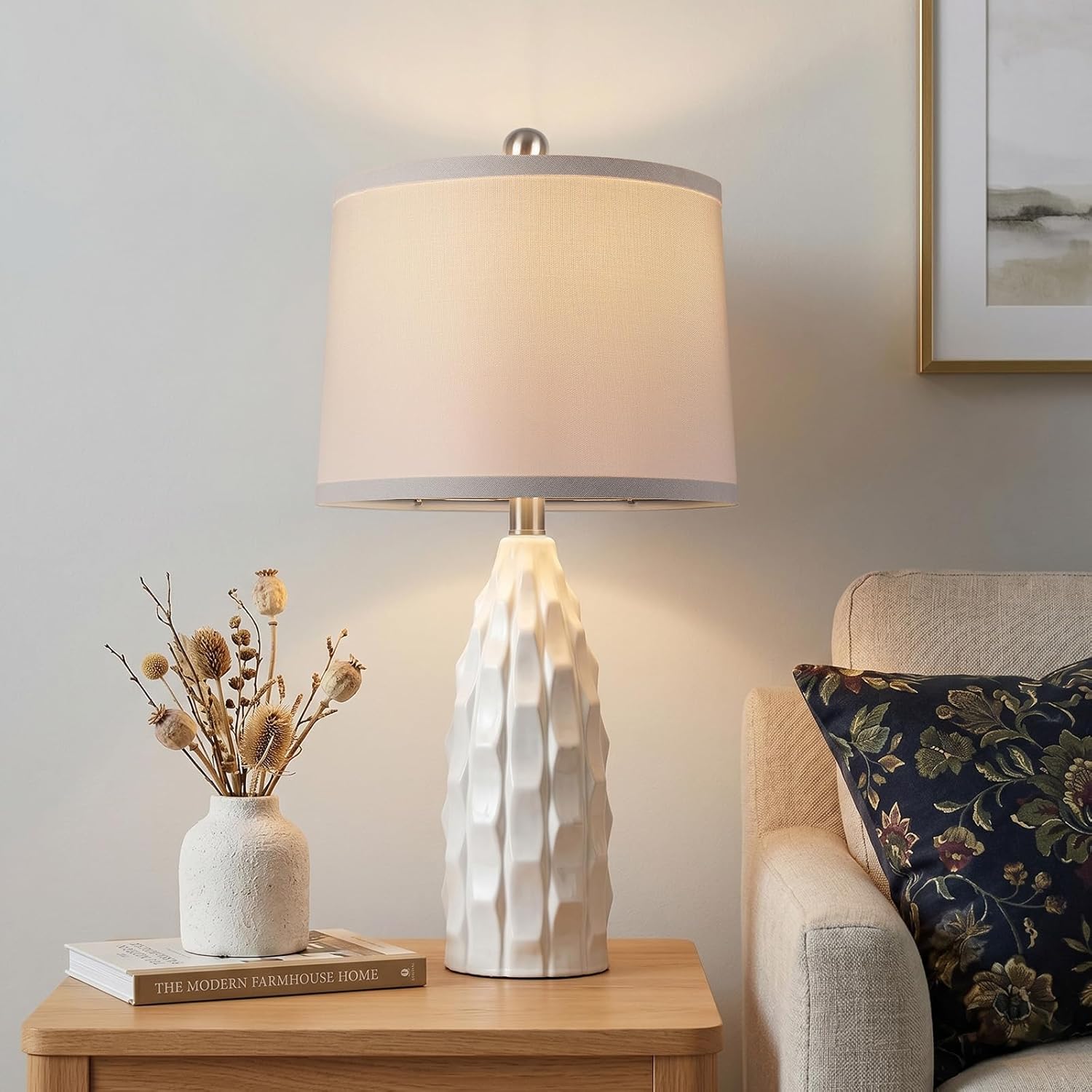 WIHTU Creamic Table lamp Set of 2, 24'' Modern Dimmable Table Lamp for Living Room, Farmhouse Nightstand Lamps with Linen Shade, White…