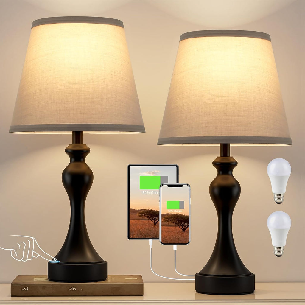 Seealle Touch Lamps for Nightstand - Bedside Lamps Set of 2, 3 Way Dimmable, USB C+A for Bedroom & End Tables (Black&Grey)