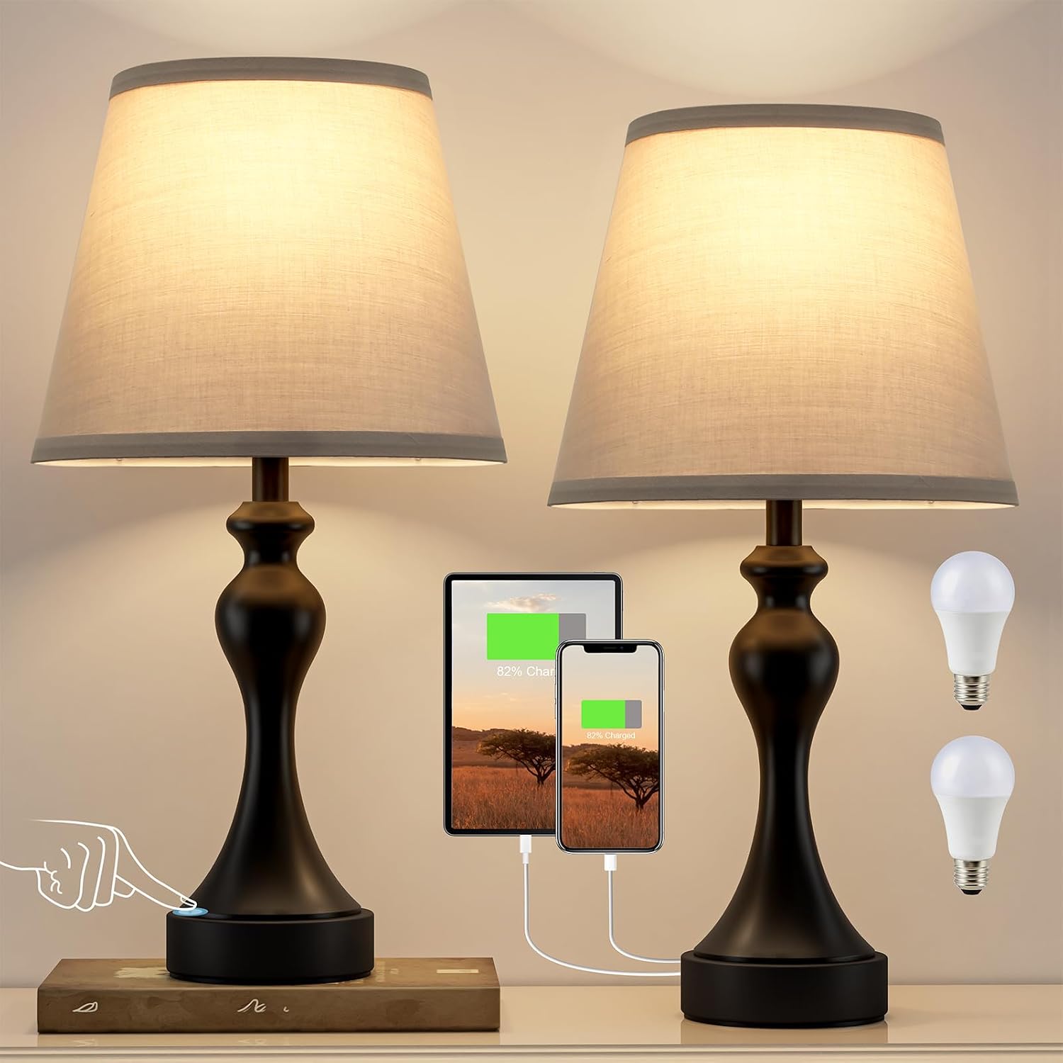 Seealle Touch Lamps for Nightstand - Bedside Lamps Set of 2, 3 Way Dimmable, USB C+A for Bedroom & End Tables (Black&Grey)