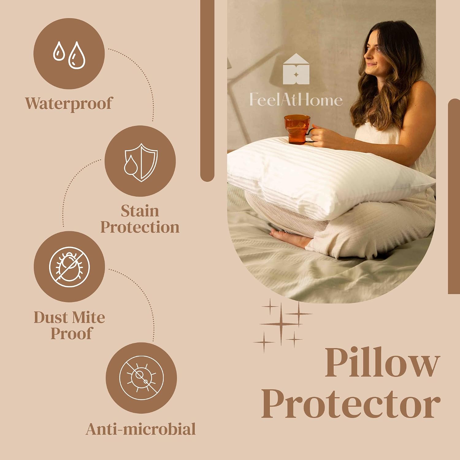 FeelAtHome 100% Cotton Pillow Cover with Zipper Waterproof Covers - 30x20 Inches (Pack of 4, Queen) - Noiseless Pillowcase Cover - Pillow P…