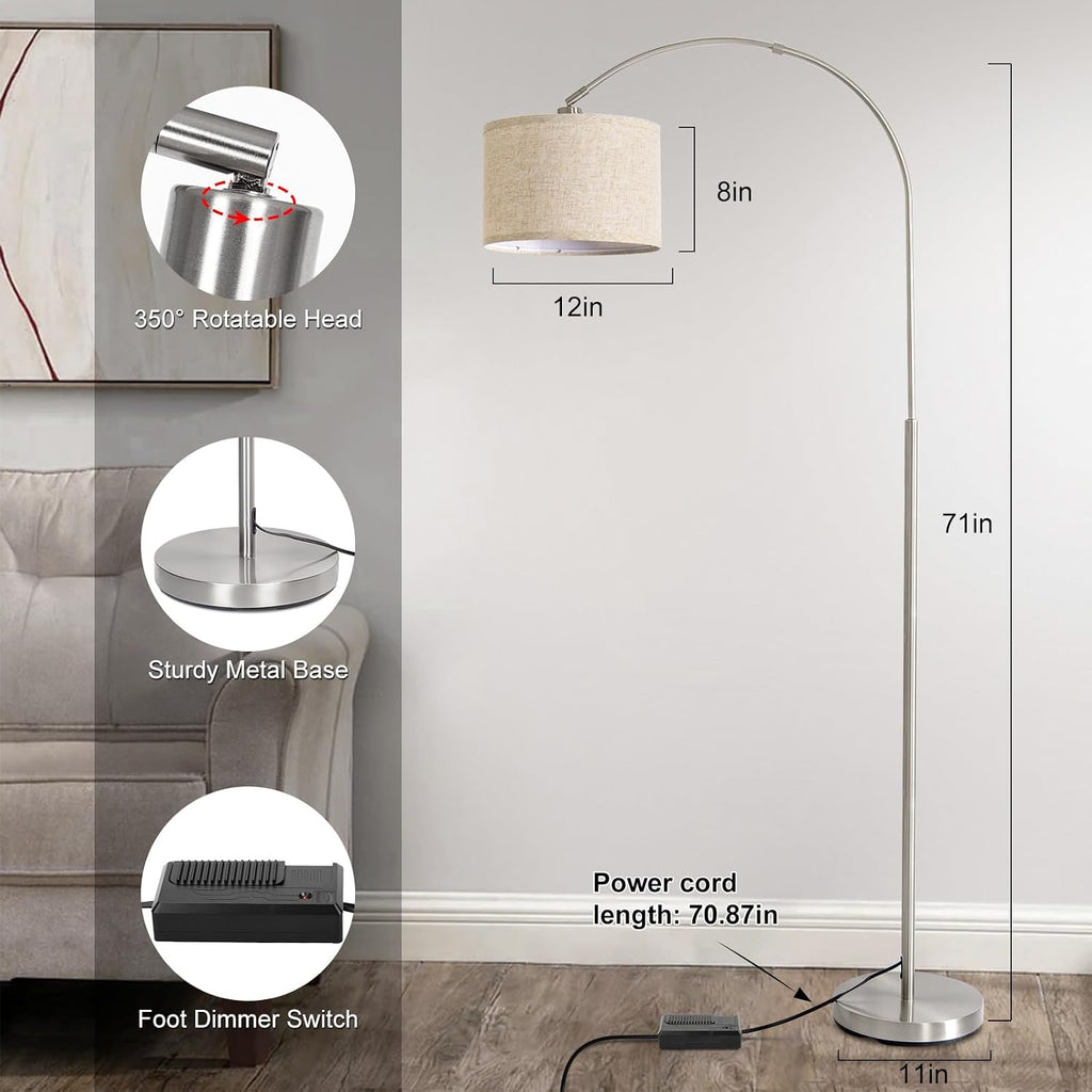 Floor Lamp for Living Room, Dimmable Arc Floor Lamp with Adjustable Head, Silver Finish Modern Pole Lamp, Over Couch Tall Standing…