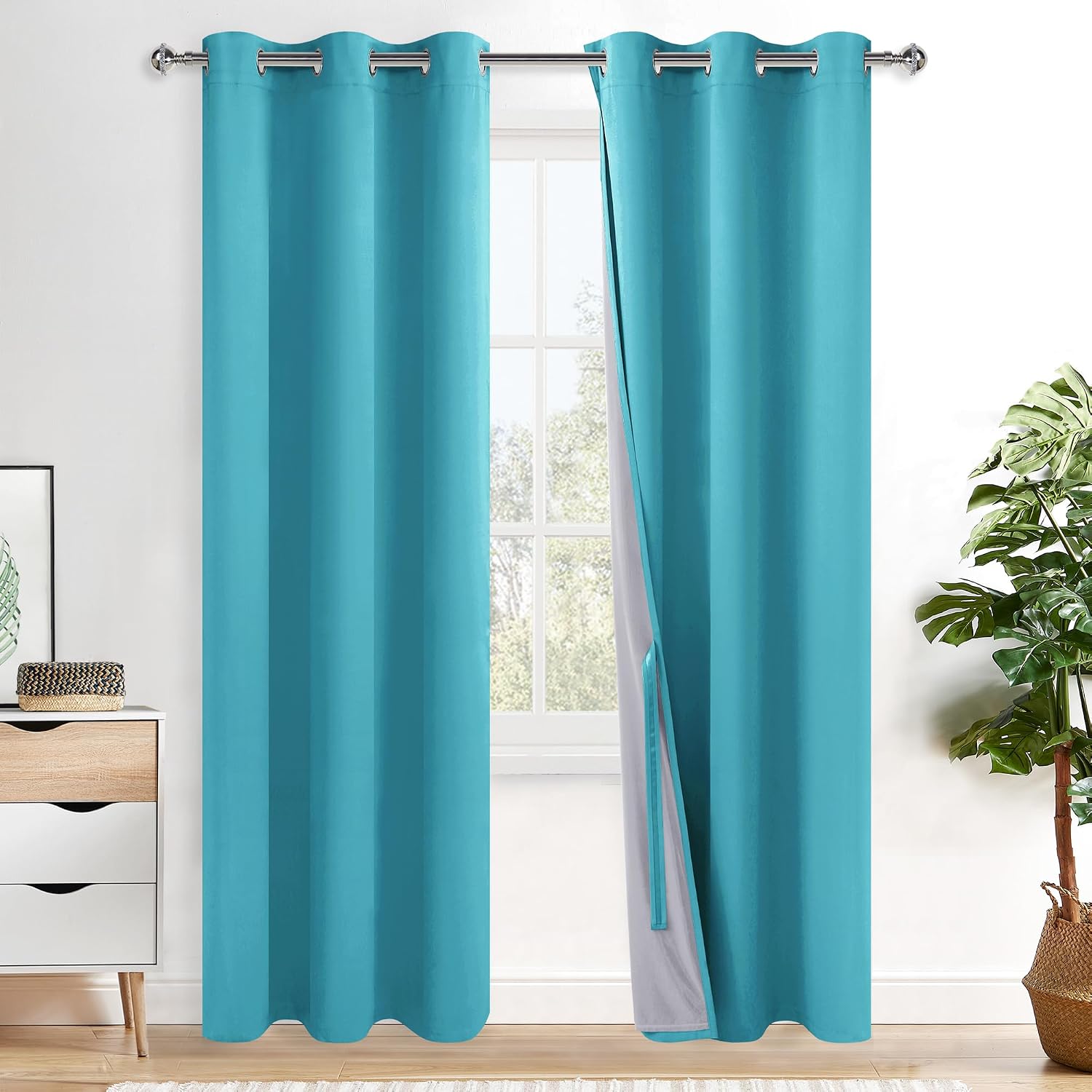 Xwzo Complete Blackout Shades Window Curtain Panels with Tiebacks- Noise Reduction and Light Blocking Grommet Curtains with Black Liner for…