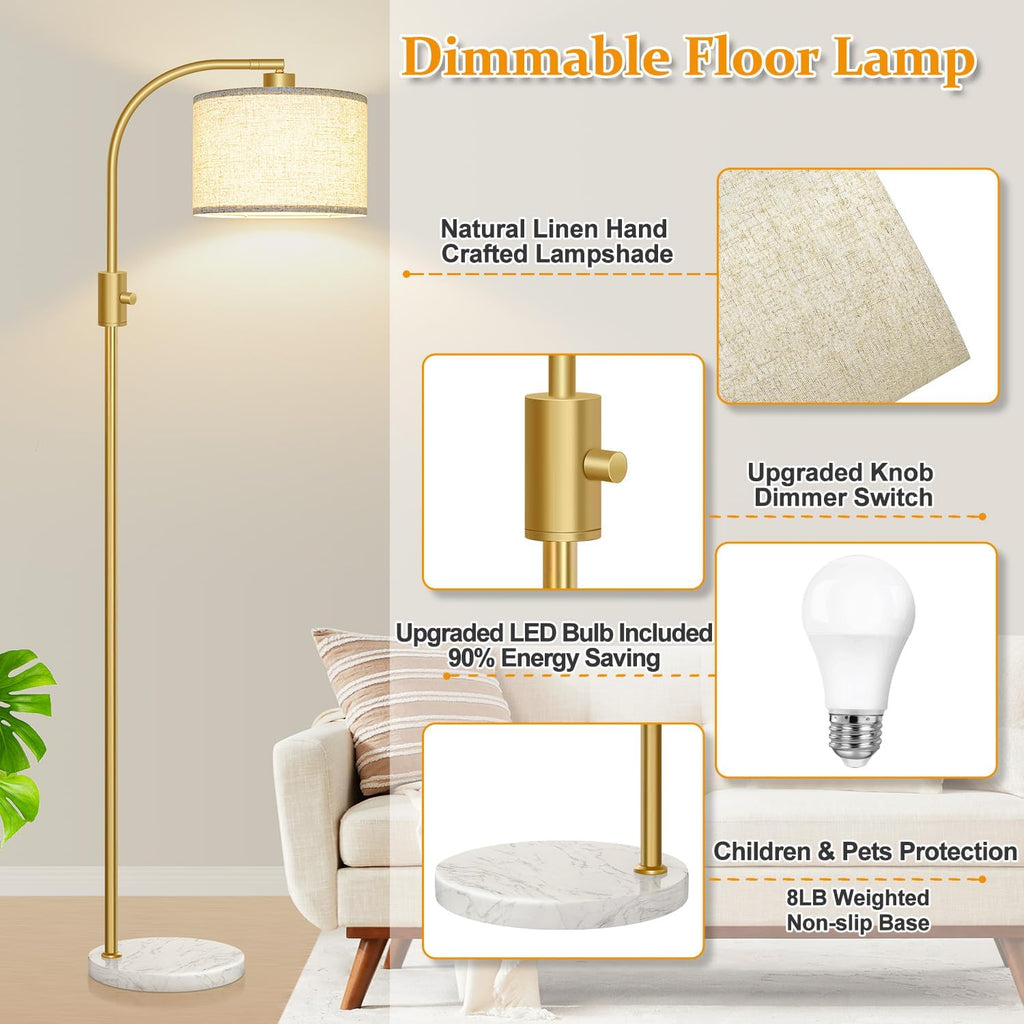 Nintiue Upgraded Modern Arc Dimmable Tall Standing Floor Lamp with Marble Base & Linen Shade, 1200 Lumens LED Bulb Included, for Living &…