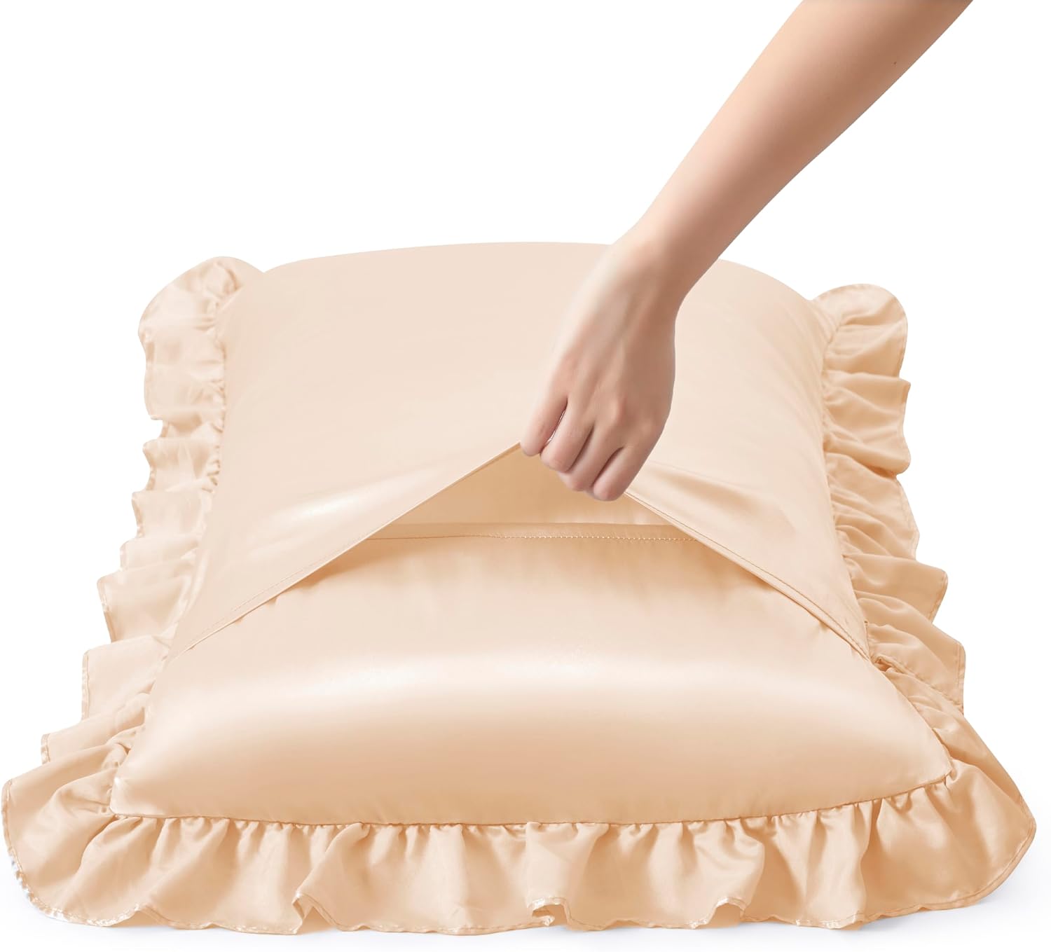 HommxJF Silky Satin Ruffled Pillow Cases for Hair and Skin, Champagne Silk Pillowcases King Set of 2 with Envelope Closure Princess Room 7.5…