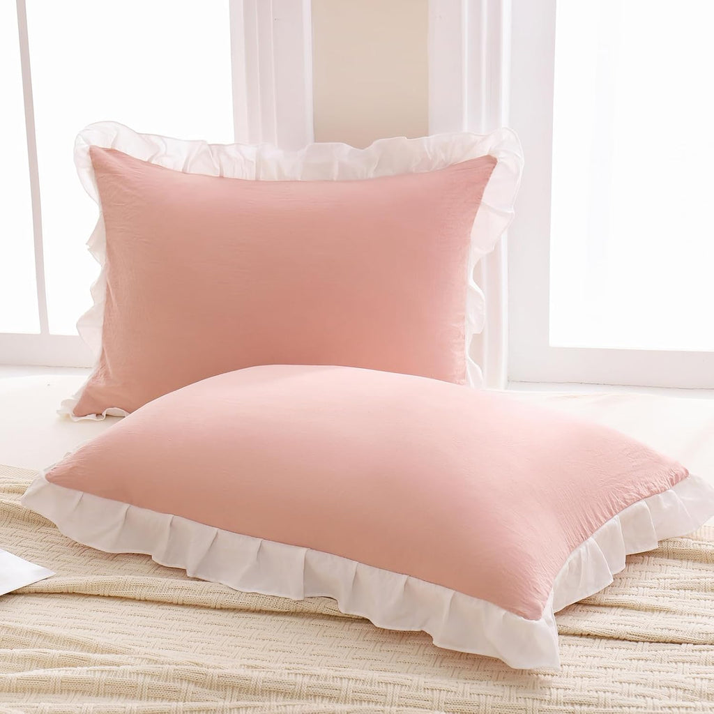 Merryword Pink Pillow Shams Pink and White Reversible Queen Pillowcases Cute Pillow Cover Set of 2 Soft Shabby Chic Ruffled Pillowcases 2 P…