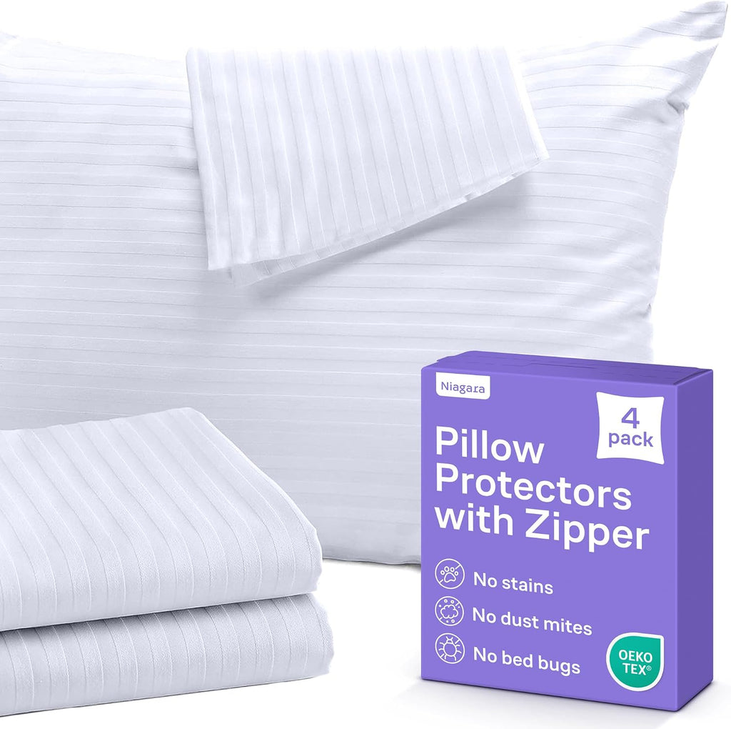 Set of 2 Pillow Protectors with Zipper Standard Size - 100% Resistant to Stains, Dust & Dirt - Washable Covers for Increased Pillow Lifespan
