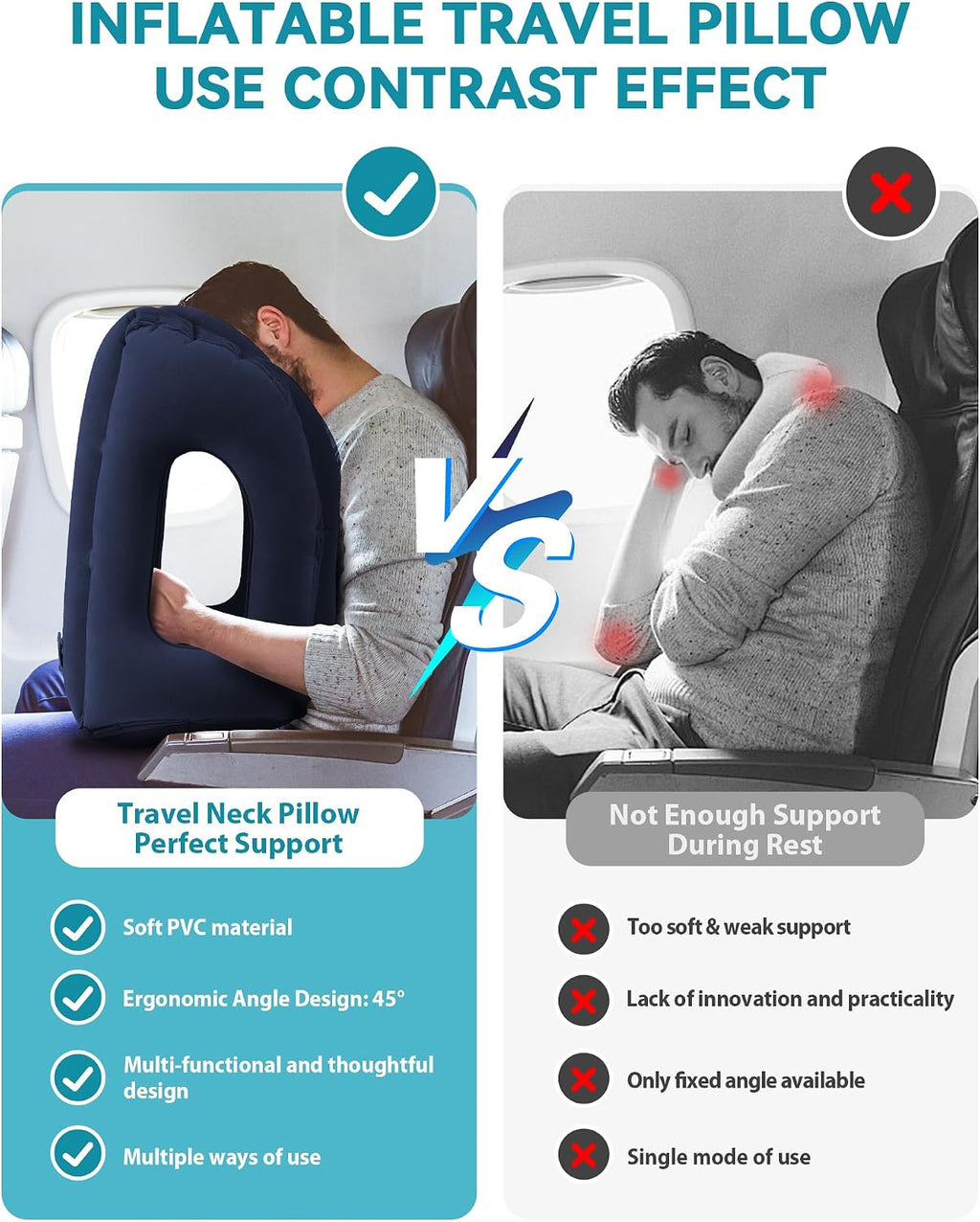 Travel Pillow, Inflatable Airplane Pillow for Sleeping Comfortably Supports Head and Chin for Airplane, Car, Bus and Office