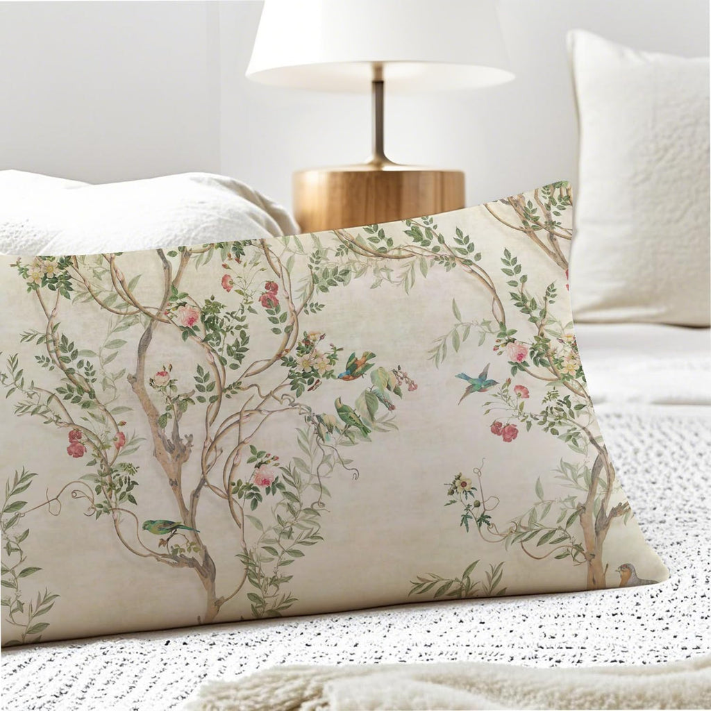 Vintage Chinoiserie Bird Floral 20x54 Body Pillow Cover, Chinoiserie Decor, Retro Green and Cream Flowers Botanical Decorative Long Body…