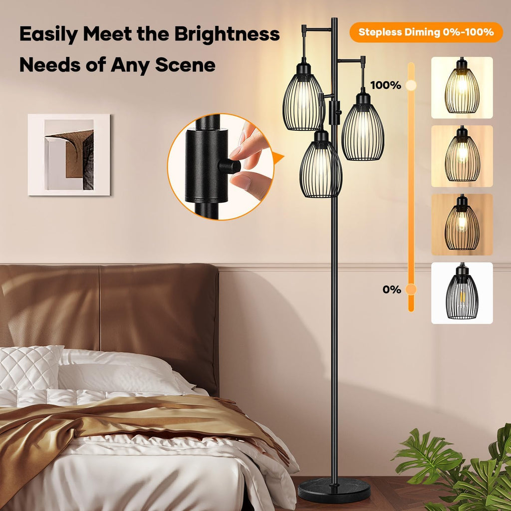 Dimmable Floor Lamp,3x800LM LED Bulbs Included, Farmhouse Industrial Floor Lamp Standing Tree Lamp with Teardrop Cage Head Tall Lamp for…