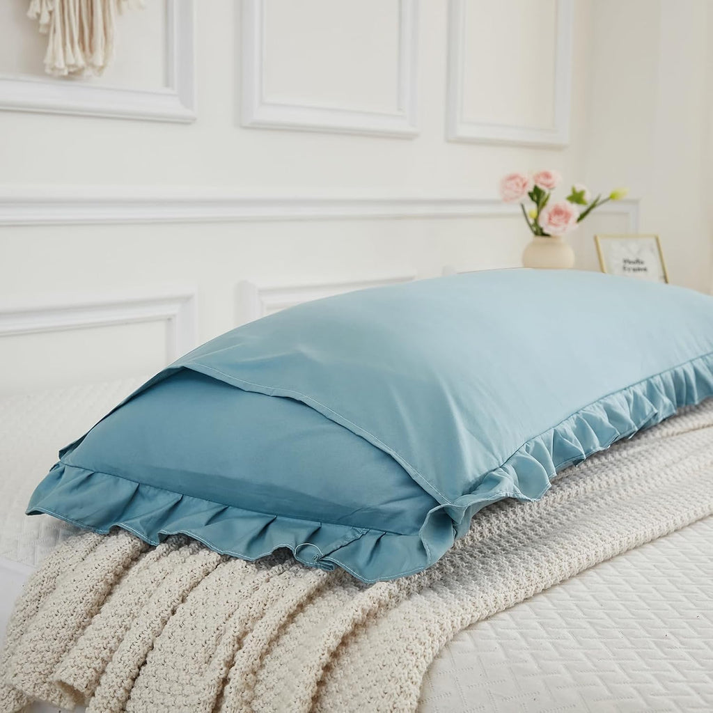 Merryword Dusty Blue Body Pillow Cover 20x54inches Long Pillowcase Ruffled Fringe Decor Sham Cute Pillowcase (1 Body) Blue