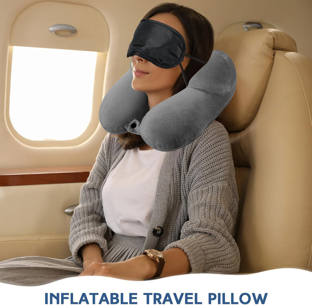 Sintuff 4 Sets Inflatable Travel Pillows for Airplanes with Compact Bag and Blindfold Velvet Inflatable Neck Pillow for Traveling Head…