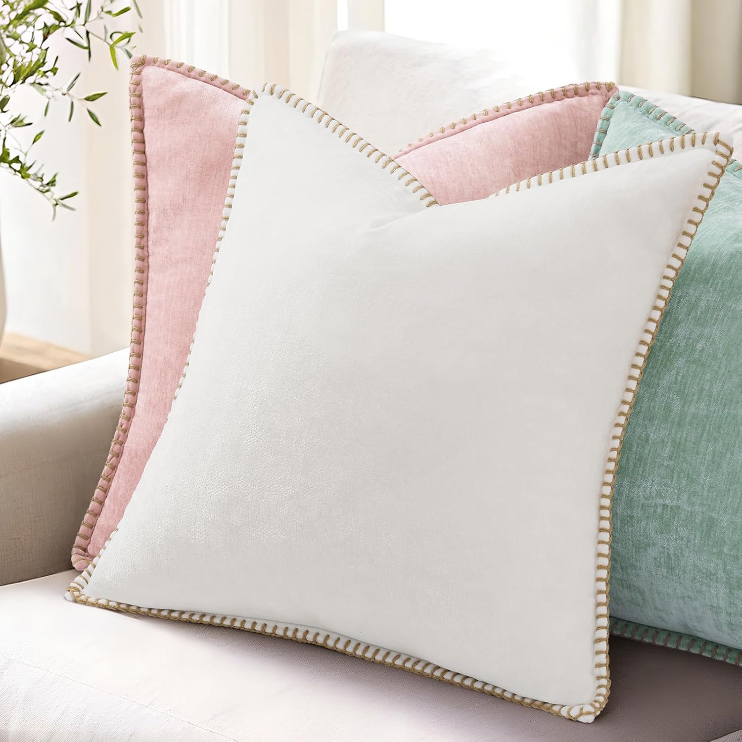 decorUhome Summer Chenille Soft Cozy Throw Pillow Covers 24x24 Set of 2, Modern Farmhouse Boho Velvet Decorative Euro Sham Pillow Cases wit…