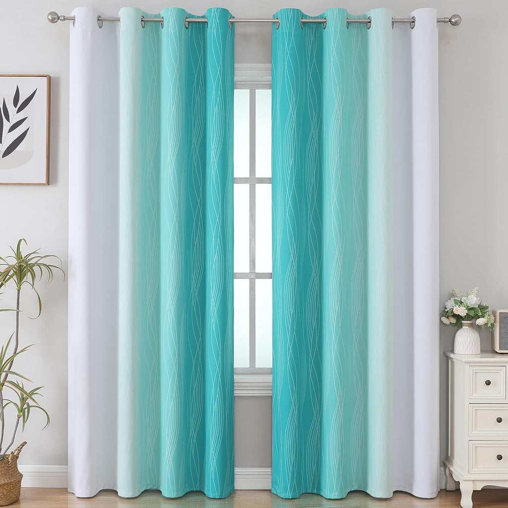 Estelartextiler Estelar Textiler Teal and Greyish White Blackout Curtains 102 Inch Length 2 Panels Set, Thermal Insulated Ombre Grommet Dra…