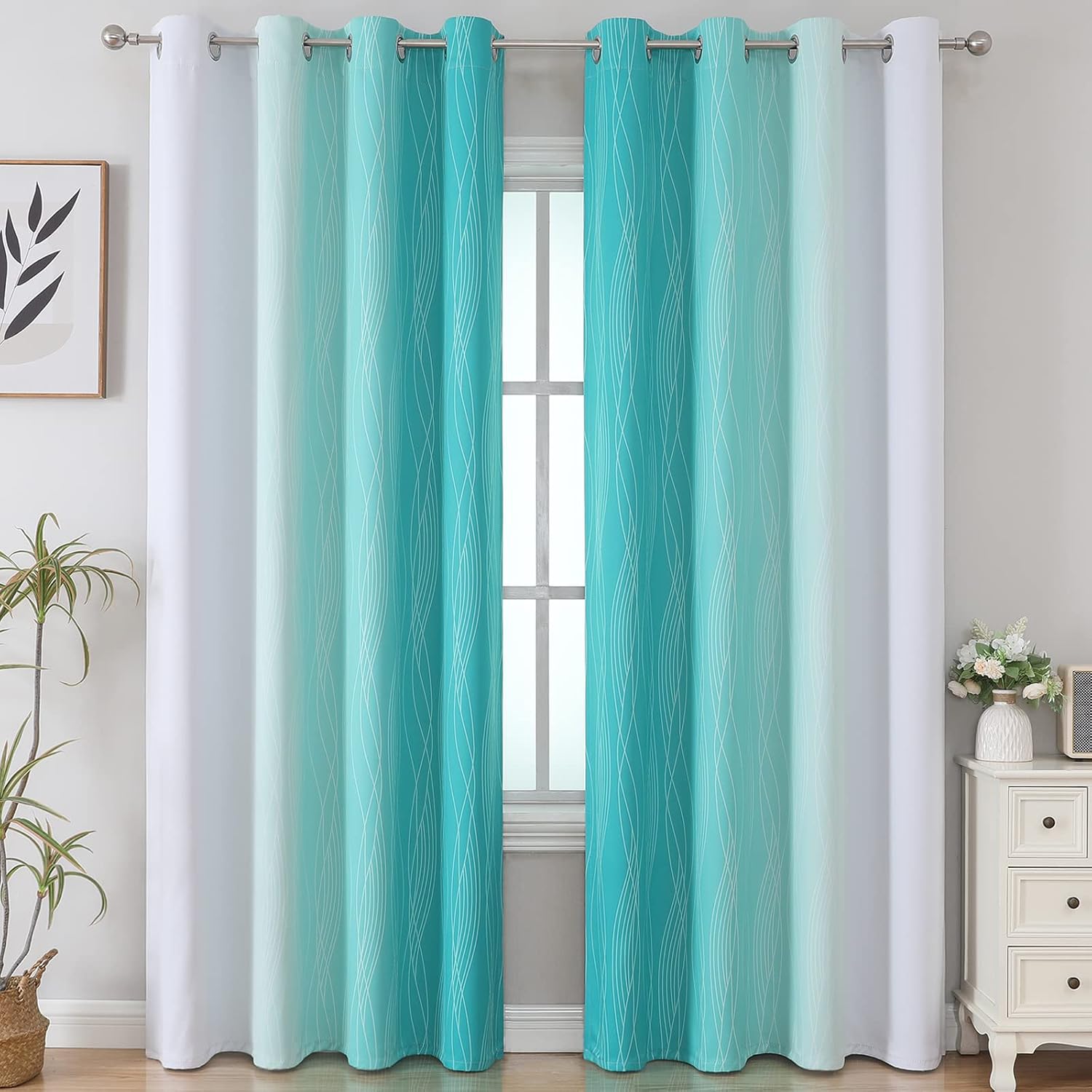 Estelartextiler Estelar Textiler Teal and Grayish White Blackout Curtains for Living Room, Ombre Thermal Insulated Noise Reducing Blackout…
