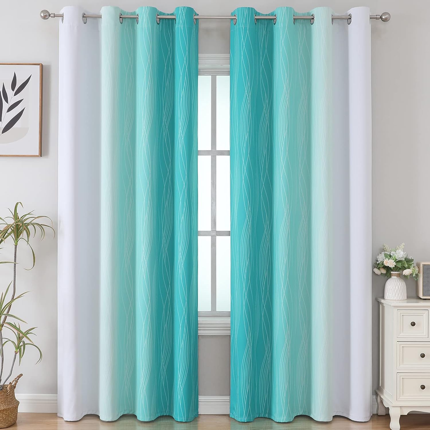 Estelartextiler Estelar Textiler Full Room Darkening Greyish White and Teal Blackout Curtains 96 Inch Length 2 Panels Set, Ombre Thermal In…