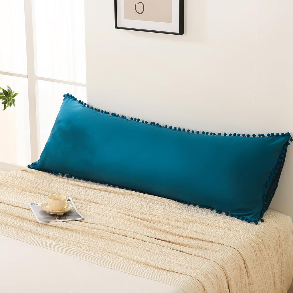 Moveover Move Over Teal Blue Body Pillow Cover 20x54 Body Pillow Cover Cute Pom Poms Fringe Design Soft Microfiber Boho Chic Home Decor Lon…