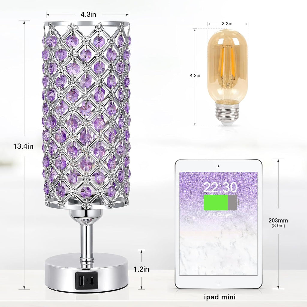 Hong-in Purple Lamp for Girls Room-Crystal Touch Lamp with USB-C+A Ports,3 Way Dimmable Bedside Light with Crystal Shade for Bedroom Home…