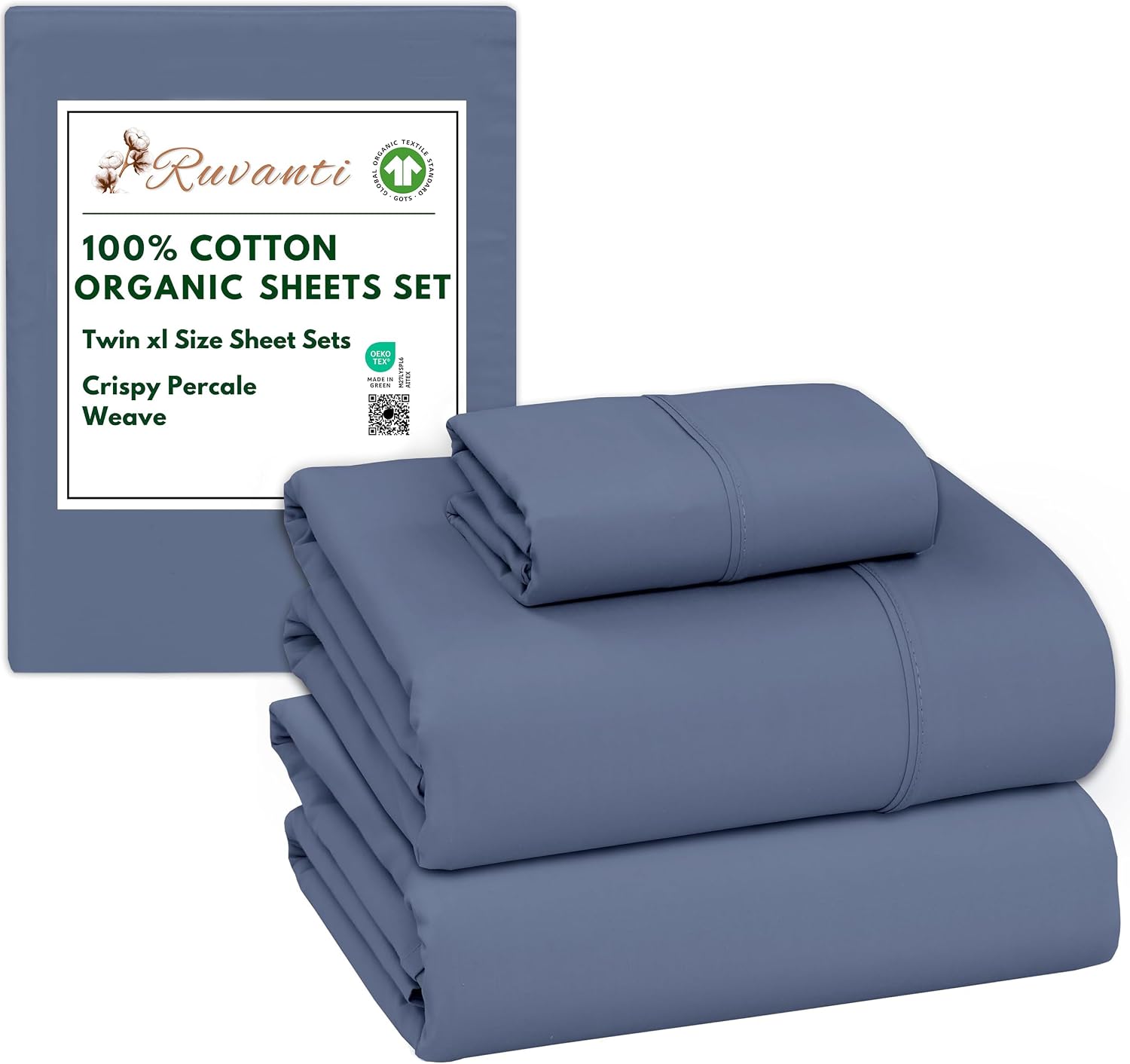 Ruvanti 100% Cotton Organic Percale Sheets Twin XL Size – Crisp Cooling Bed Sheets for Hot Sleepers, Deep Pocket 15”, Soft Peach Finish, Br…