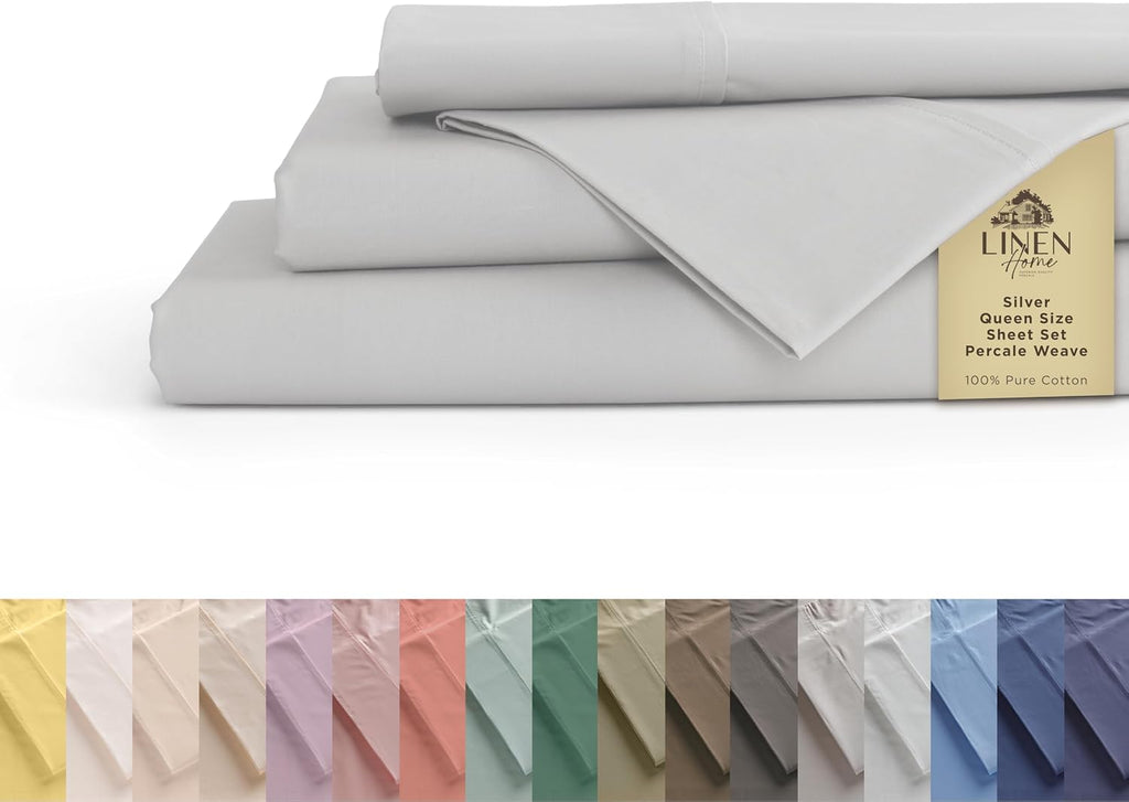 Linen Home 100% Cotton Percale Sheets Queen Size, Silver, Deep Pocket, 4 Pieces Set - 1 Flat, 1 Deep Pocket Fitted Sheet and 2…