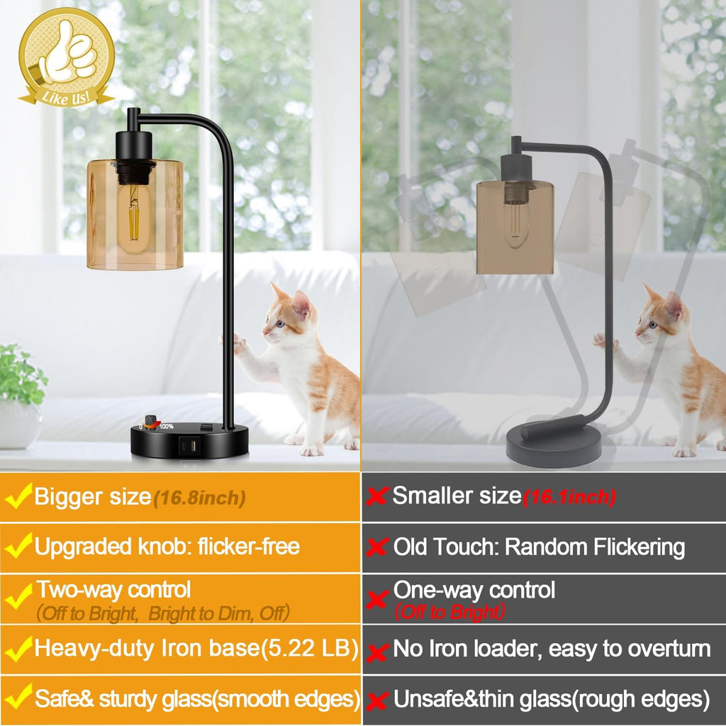 Lynnoland Set of 2 Industrial Table Lamps with USB C+A Ports and Outlet, Black Nightstand Lamps with Amber Glass Shade for Reading Living…