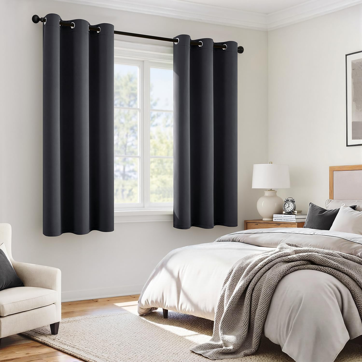 Miulee Grey 100% Blackout Curtains for Bedroom 45 Inch Length, 2 Thick Layers Thermal Insulated Short Window Curtains with Black Liner, Noi…