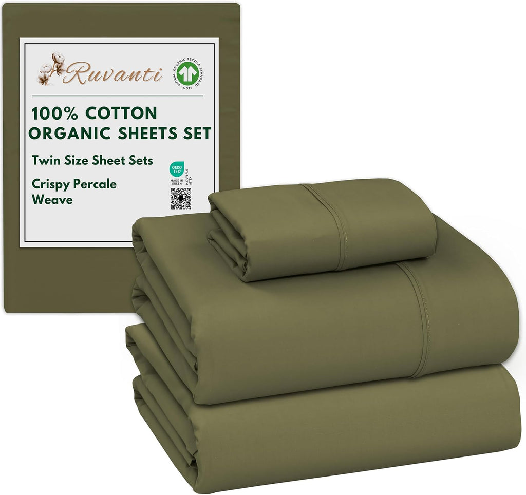 Ruvanti 100% Cotton Organic Percale Sheets Twin Size – Crisp Cooling Bed Sheets for Hot Sleepers, Deep Pocket 15”, Soft Peach Finish, Breat…