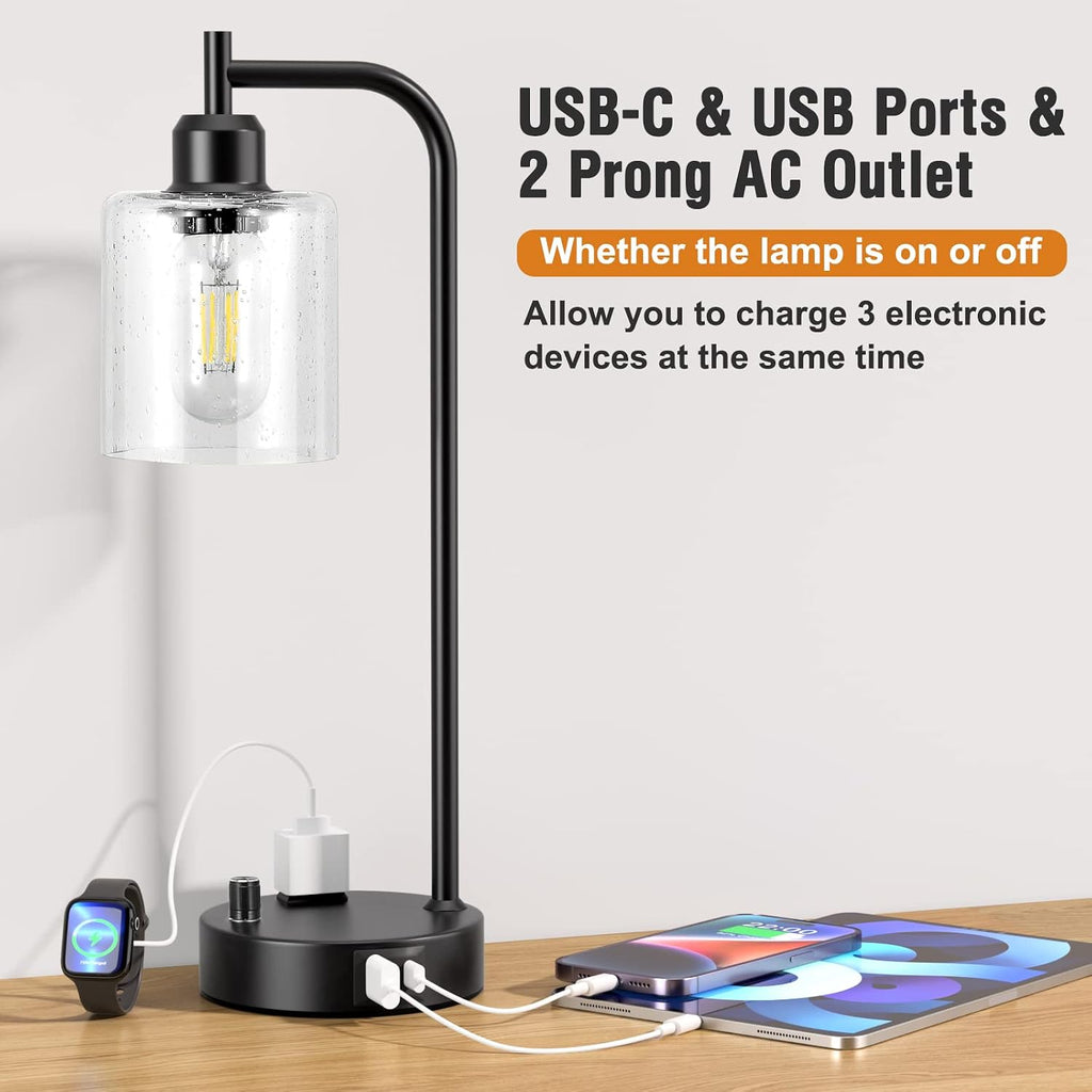 Industrial Table Lamps for Bedrooms Set of 2 - Fully Dimmable Bedside Lamps with USB A and C Ports and Outlet, Black Nightstand Lamps…