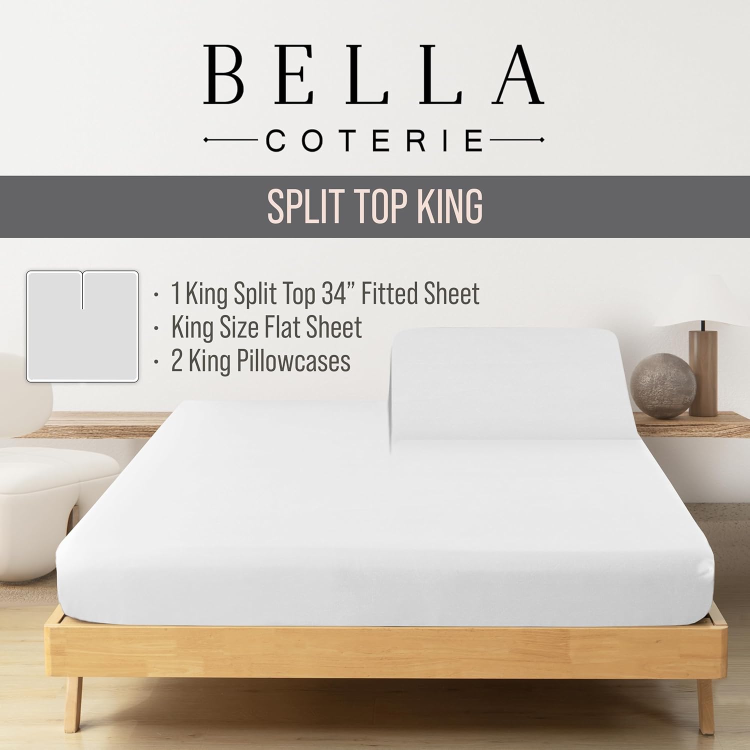 Bella Coterie Luxury Bamboo Viscose 34” Split Top King Size Sheet Set | 1 Fitted Sheet for Sleep Number & Adjustable Beds | 100%…
