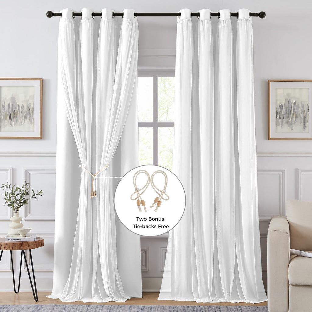 Swandream Blackout Curtains for Bedroom, Double Layer White Curtains, Black Out Curtain 108 inch Long with Sheer Overlay for Living Room, R…