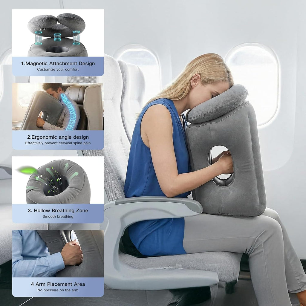 2-in-1 Magnetic Design Inflatable Travel Pillow, Ergonomic Neck Support Airplane Pillow for Flying, Compact Camping Pillow with Storage…
