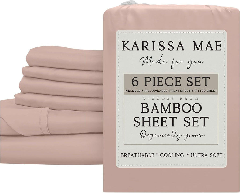 KARISSA MAE 6 Piece Pure Viscose from Bamboo Queen Size Sheet Set | 100% FSC Certified | Luxuriously Soft | Cooling | 18" Deep Pocket…