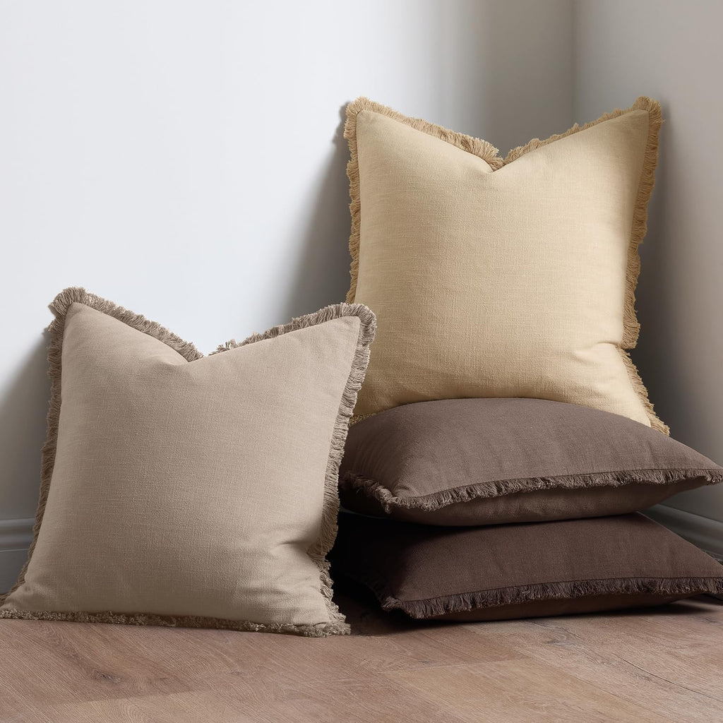 Anroduo Set of 2 Decorative Throw Pillow Covers 26×26 Inch Soft Linen Fringe Farmhouse Boho Vintage Cushion Covers with Tassels Accent Pill…