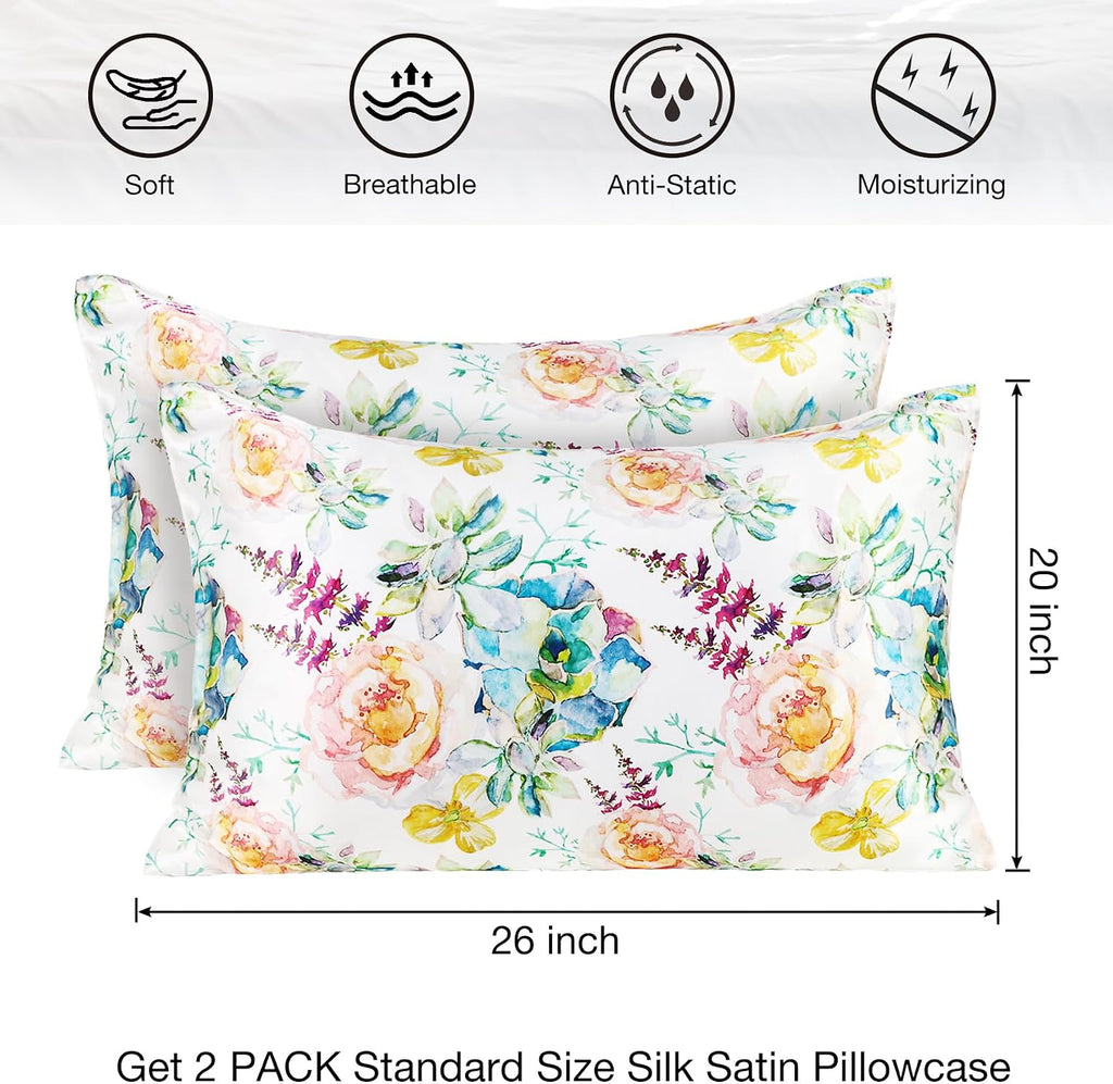 MANSPHIL Pink Floral Silk Pillow Cases, 2 Pack Standard Reversible Satin Pillowcase for Hair and Skin Envelope Closure, 22 Momme 6A Grade…