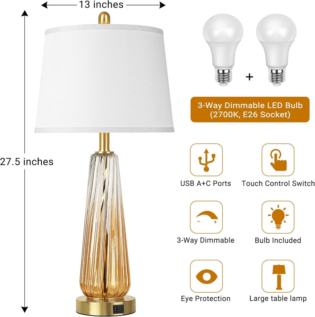 Glass Table Lamps Set of 2, Modern Bedside Lamps for Bedrooms with 3-Way Dimmable Touch Control Nightstand Lamp with White Lampshade USB…