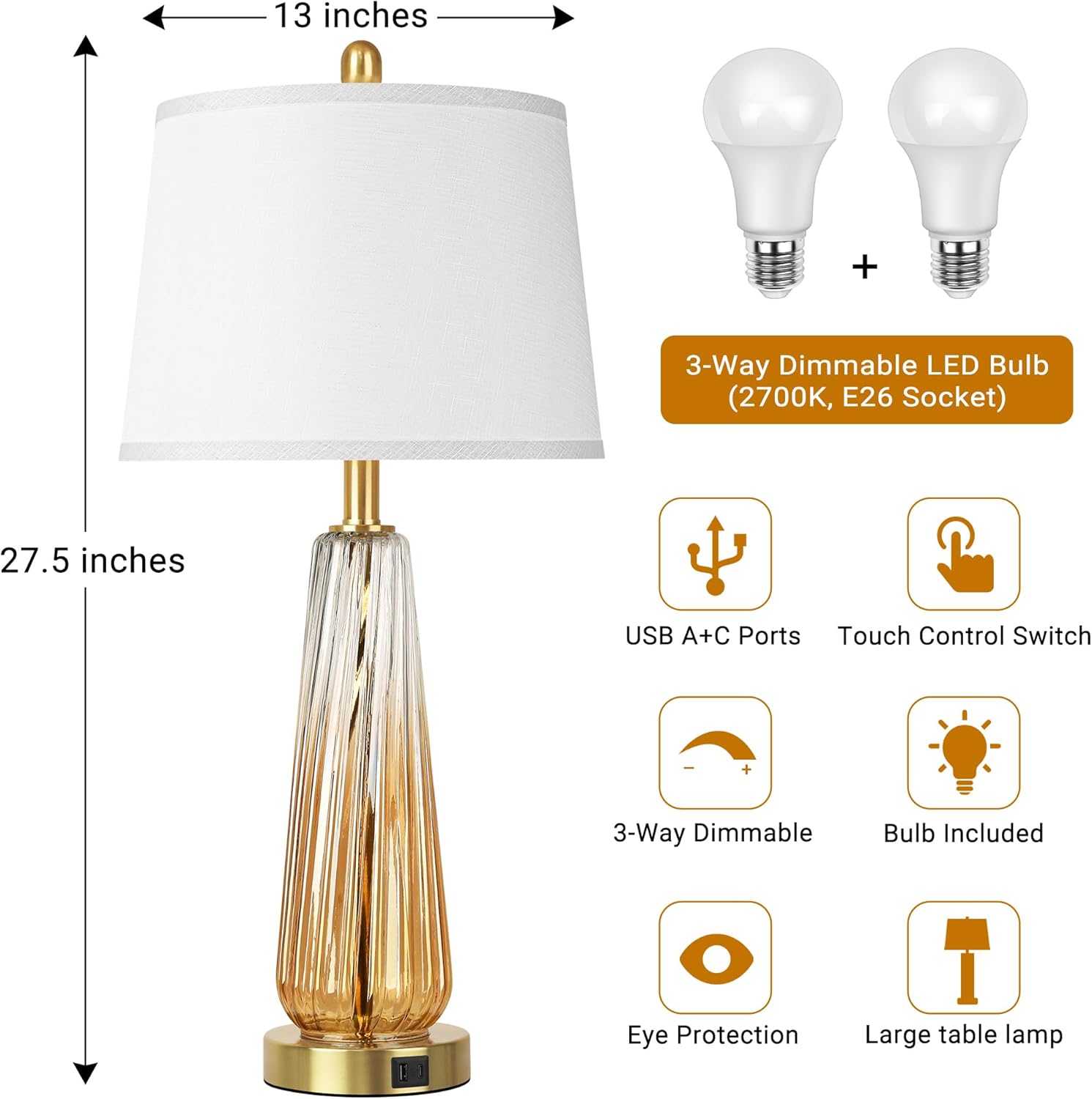 Glass Table Lamps Set of 2, Modern Bedside Lamps for Bedrooms with 3-Way Dimmable Touch Control Nightstand Lamp with White Lampshade USB…