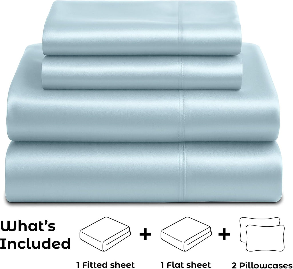 PureBedding Satin Sheets Queen [4-Piece, Skyblue] Hotel Luxury Silky Bed Sheets - Extra Soft 1800 Microfiber Sheet Set, Wrinkle, Fade, Stai…