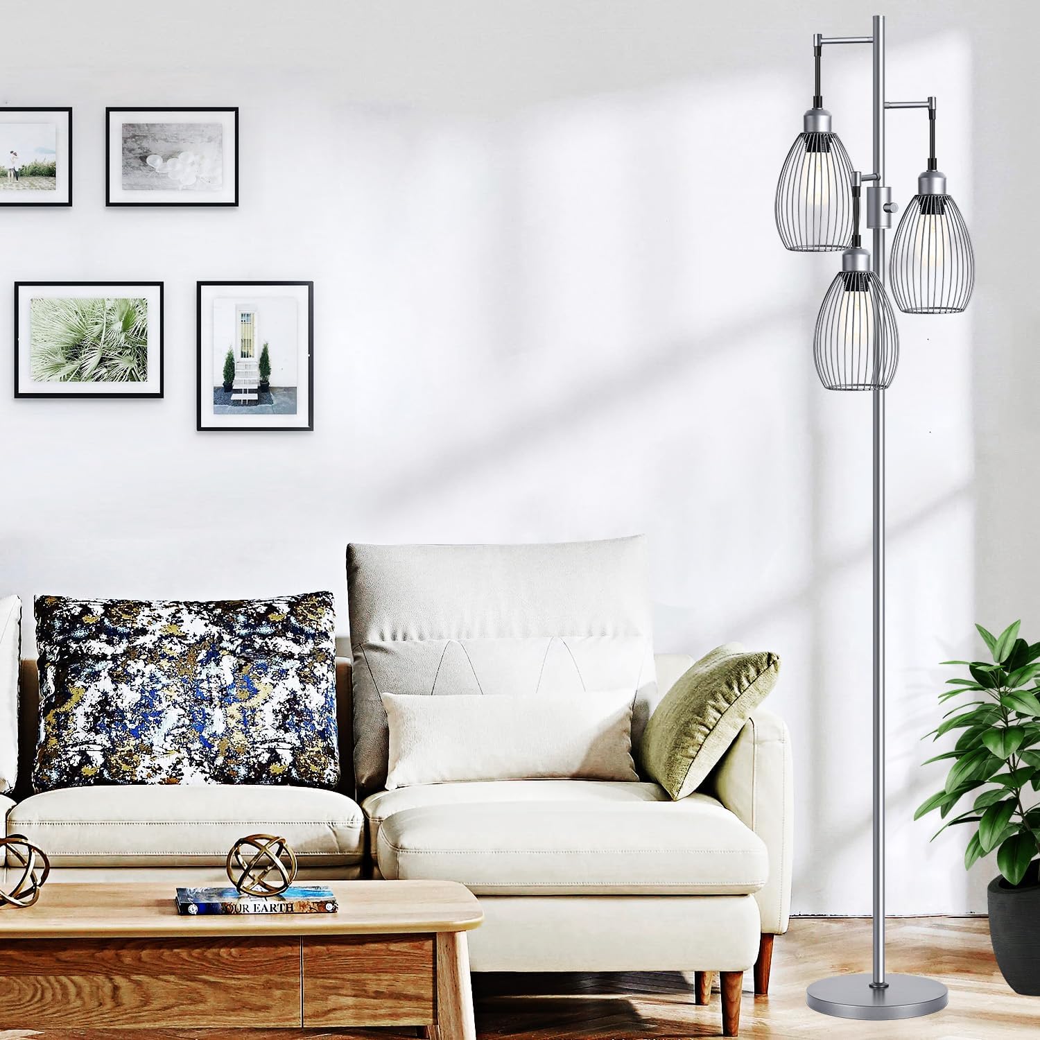 Nintiue Dimmable Floor Lamp, 3 x 800LM LED Edison Bulbs Included, Industrial Floor Lamp Standing Tree Lamp with Elegant Teardrop Cage…