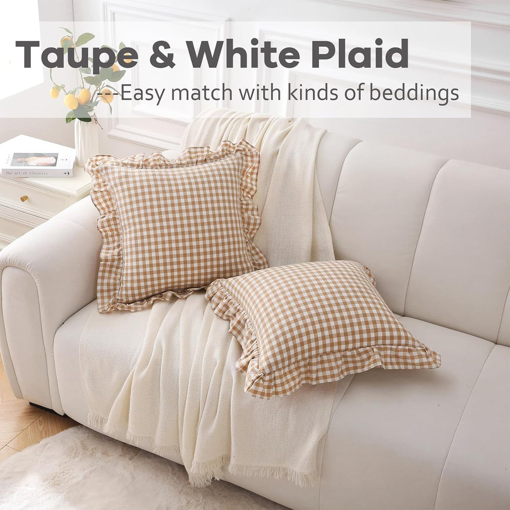 Kmasaniji 2 Pack Taupe White Plaid Ruffle Gingham Throw Pillow Covers, 100% Washed Cotton Checkered Fall Decorative Farmhouse Pillow Shams…