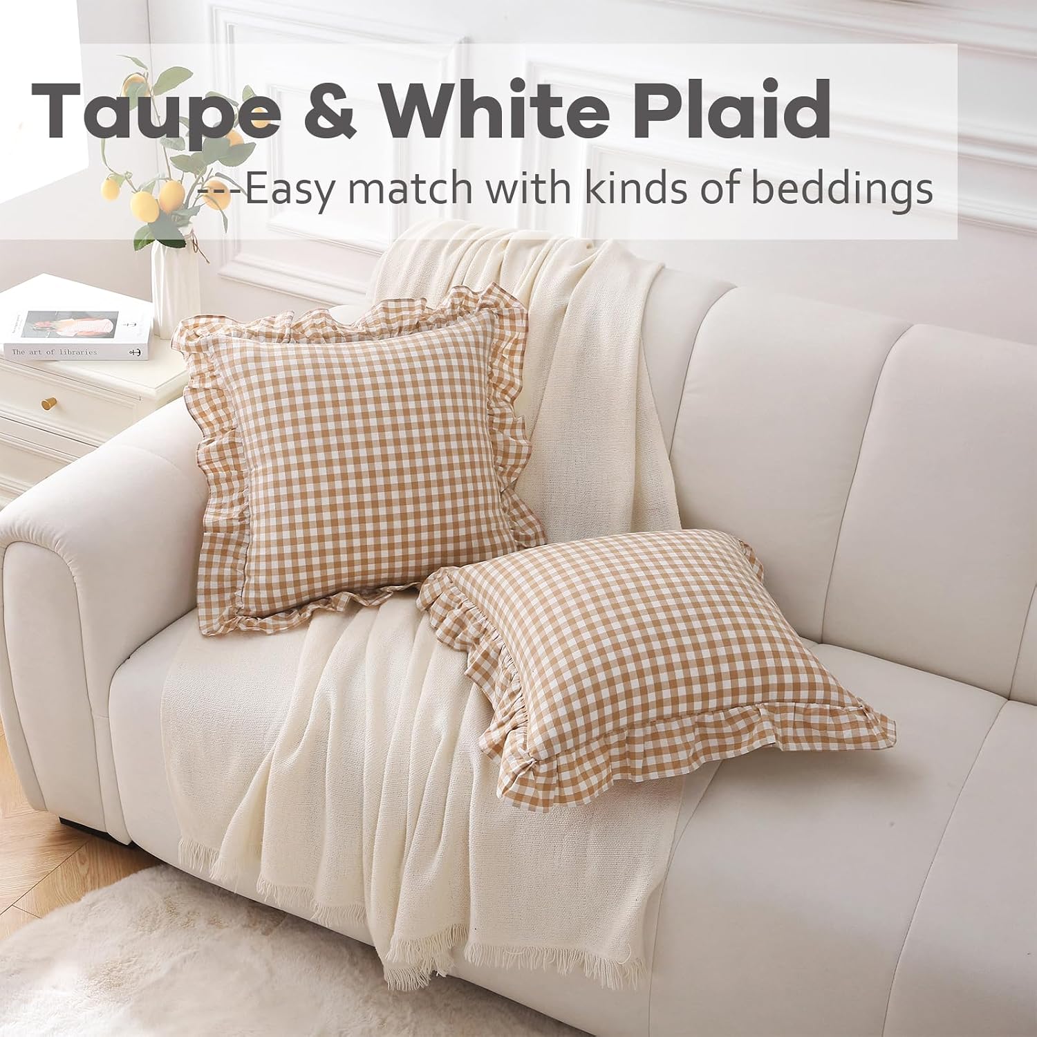 Kmasaniji 2 Pack Taupe White Plaid Ruffle Gingham Throw Pillow Covers, 100% Washed Cotton Checkered Fall Decorative Farmhouse Pillow Shams…