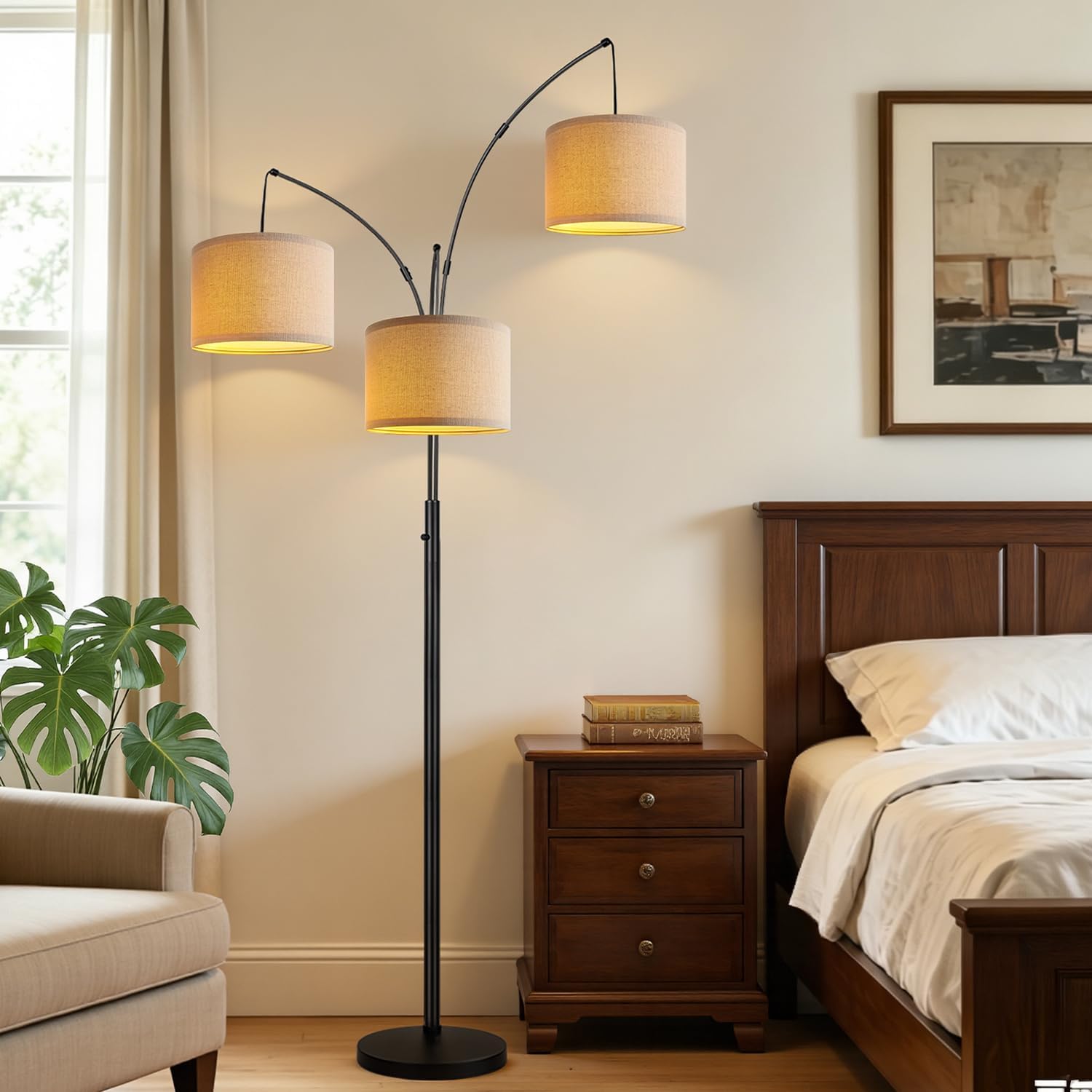 Dimmable 3 Lights Floor Lamp - 3000LM Super Bright Arc Floor Lamps for Living Room, Modern Tall Standing Lamp With Beige Shades, Mid…