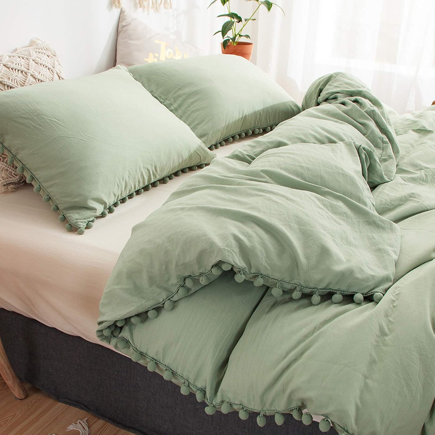 Moveover Sage Green Pom Poms Pillowcases, Green Standard Pillow Cases Set of 2, 100% Washed Microfiber, Dark Sea Green Ball Fringe Pillow C…