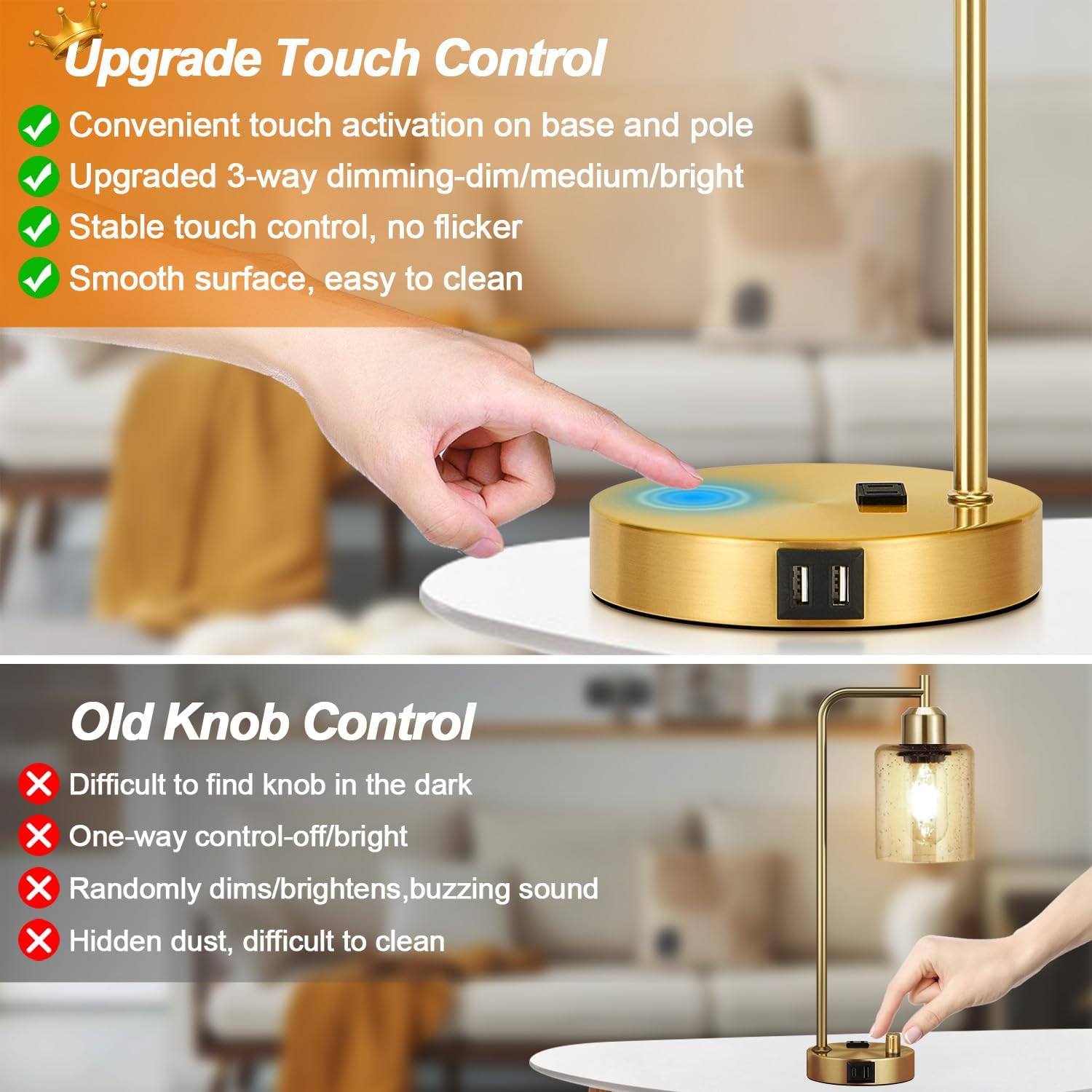 Set of 2 Industrial Touch Control Table Lamps with 2 USB Ports and AC Outlet - 3-Way Dimmable Gold Bedside Lamp Nightstand Desk Lamps for…