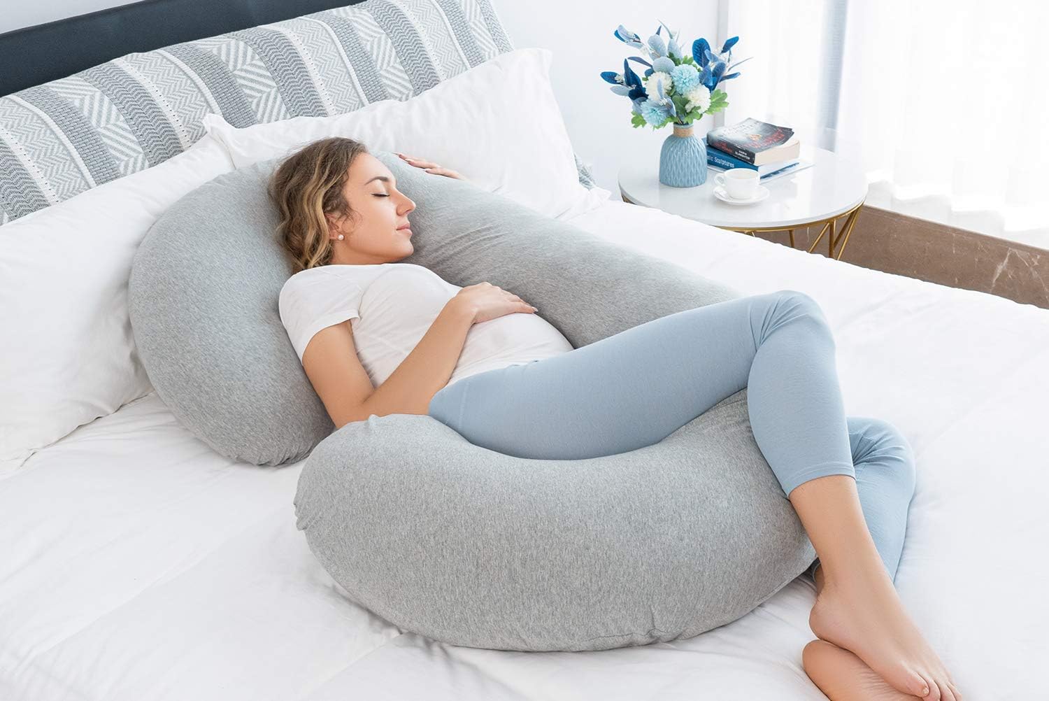 INSEN Pregnancy Pillow for Sleeping, Maternity Pillow with Jersey Cotton Cover, C Shaped Body Pillow for Pregnant (Natural Gray)