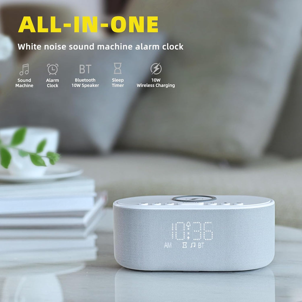 Odokee Sound Machine Alarm Clock Wireless Charger: Bluetooth 10W Stereo Sound Speaker Bedroom - White Noise Machine for Sleeping with 21 So…