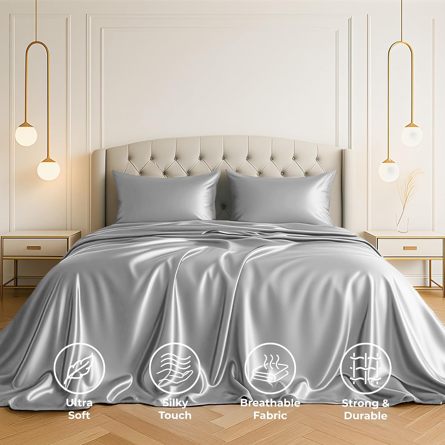 PureBedding Pure Bedding Satin Sheets Twin [3-Piece, Grey] Hotel Luxury Silky Bed Sheets - Extra Soft 1800 Microfiber Sheet Set, Wrinkle, F…