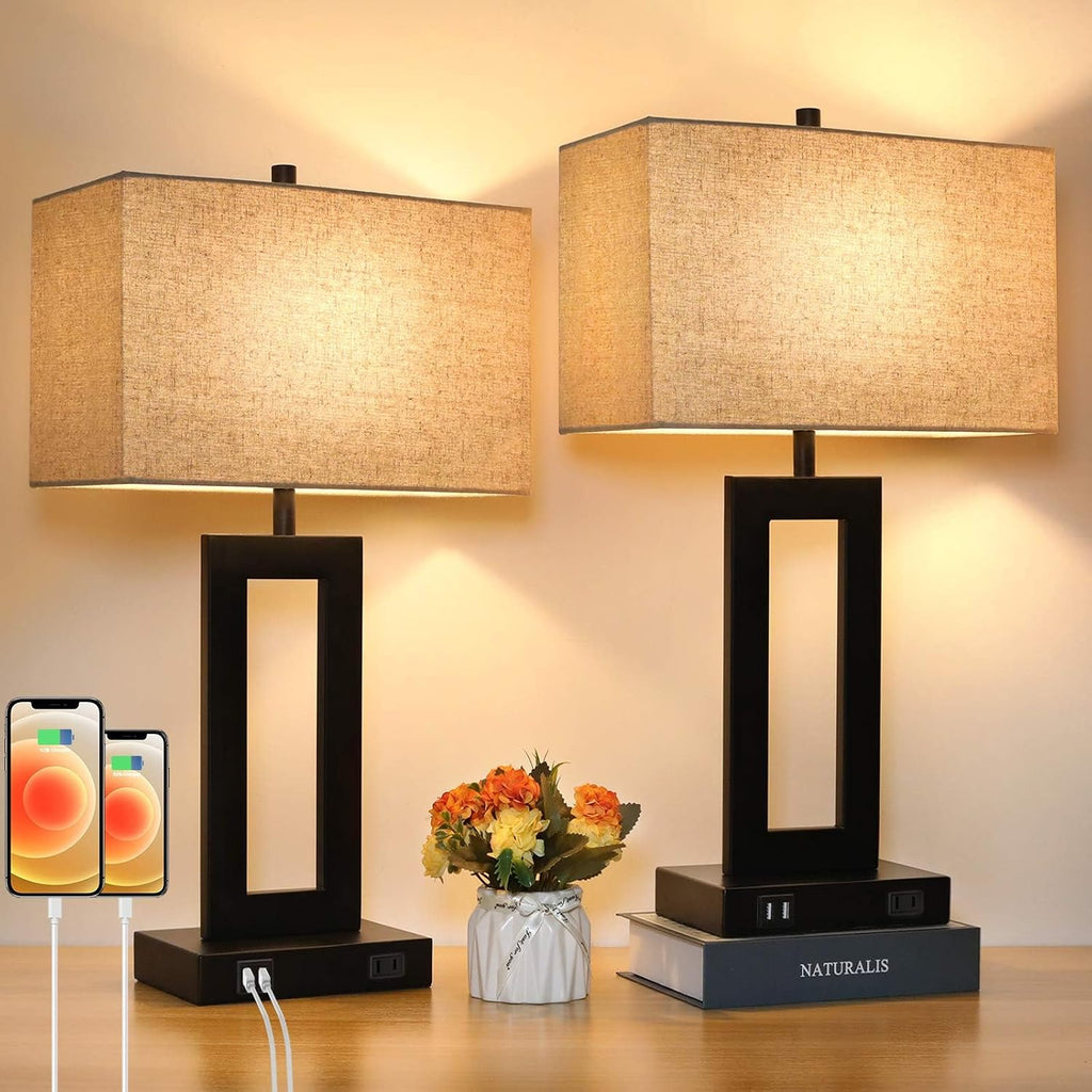 Tobusa Set of 2 Touch Control Table Lamp with 2 USB Ports, 3-Way Dimmable Modern Nightstand Lamp Sets Bedside Touch Desk Lamp with Fabric C…