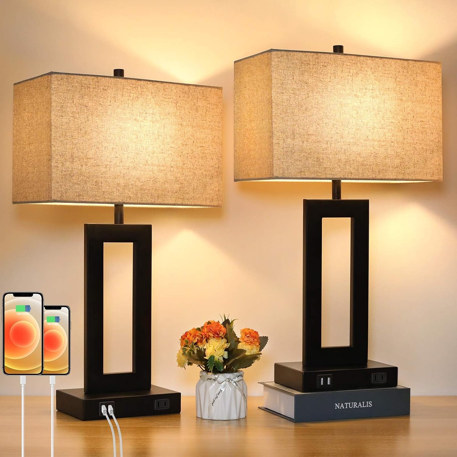 Tobusa Set of 2 Touch Control Table Lamp with 2 USB Ports, 3-Way Dimmable Modern Nightstand Lamp Sets Bedside Touch Desk Lamp with Fabric C…