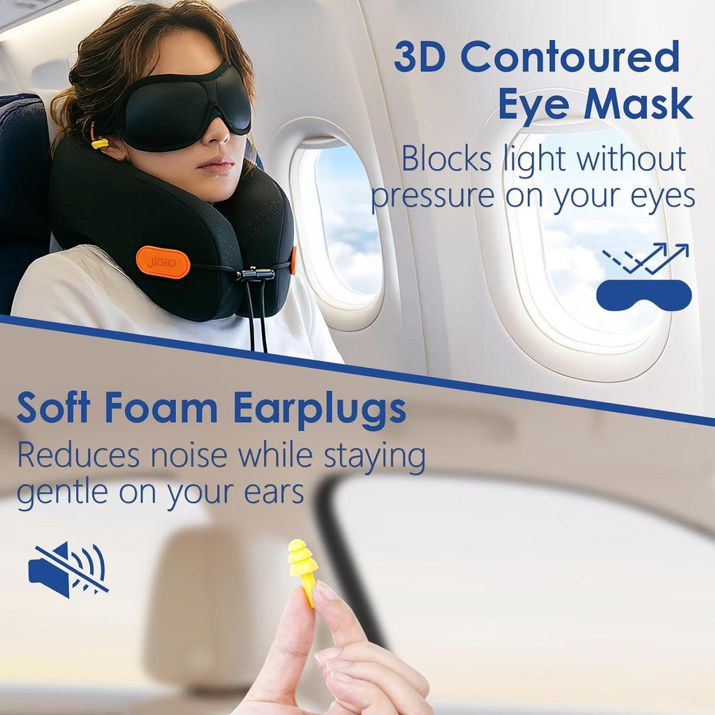 jiaao Travel Pillow Memory Foam Neck Pillow for Airplanes with Adjustable Neck Support, Includes Eye Mask, Earplugs & Storage Bag…