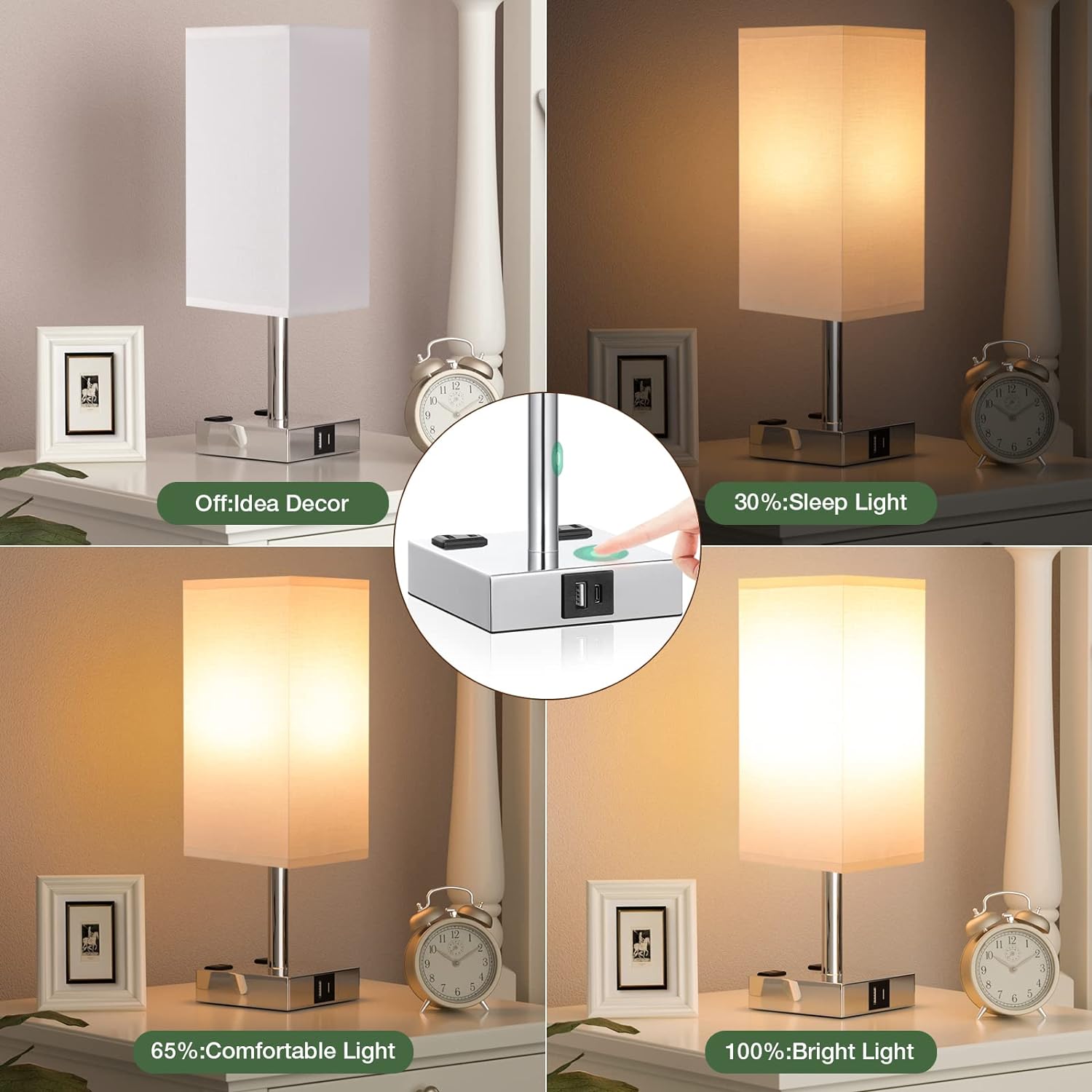 aooshine Set of 2 Touch Nightstand Lamp with USB-C+A Charge Ports& AC Outlets, 3-Way Dimmable Bedside Lamp with White Fabric Shade, Small…
