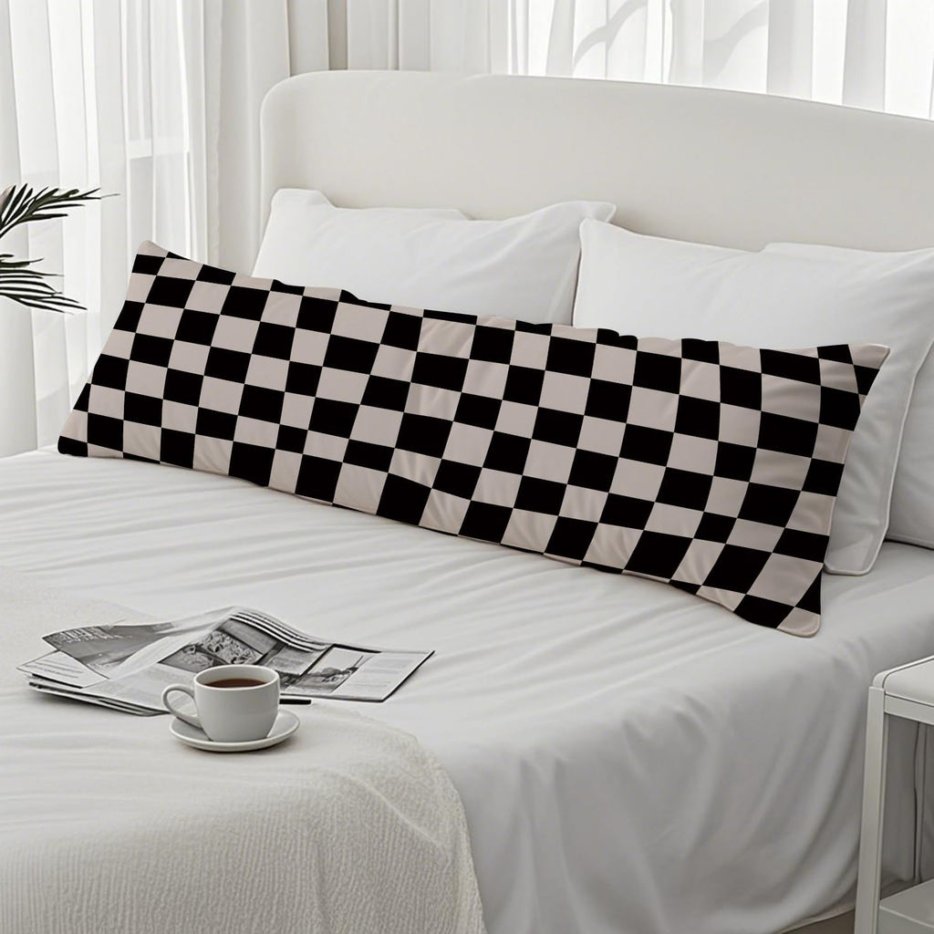 Abstract Boho Black and Beige Checkered 20x54 Body Pillow Cover, Checkered Home Decor, Modern Neutral Plaid Decorative Long Body Pillow…